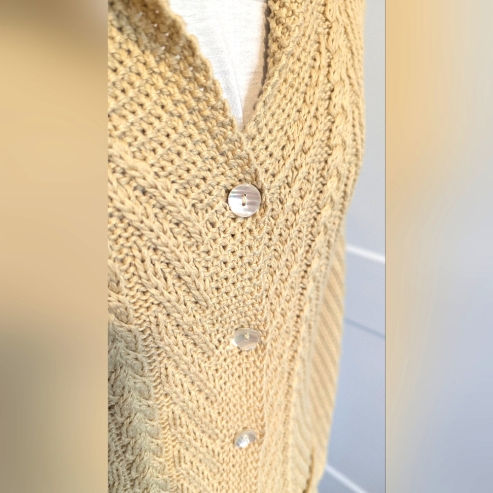 Ralph Lauren Womens Cardigan Small Yellow Chunky Cable Knit Cotton Sweater MOP - Picture 2 of 6
